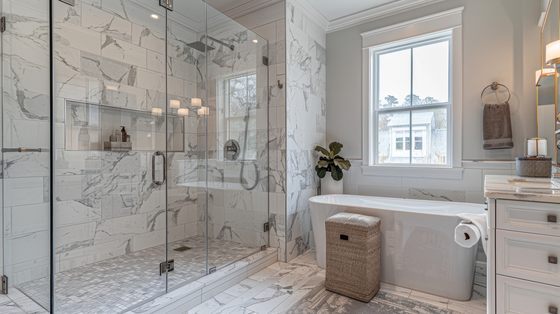 Modern Bathroom with Glass Shower, White Tub and Marble Tiles.