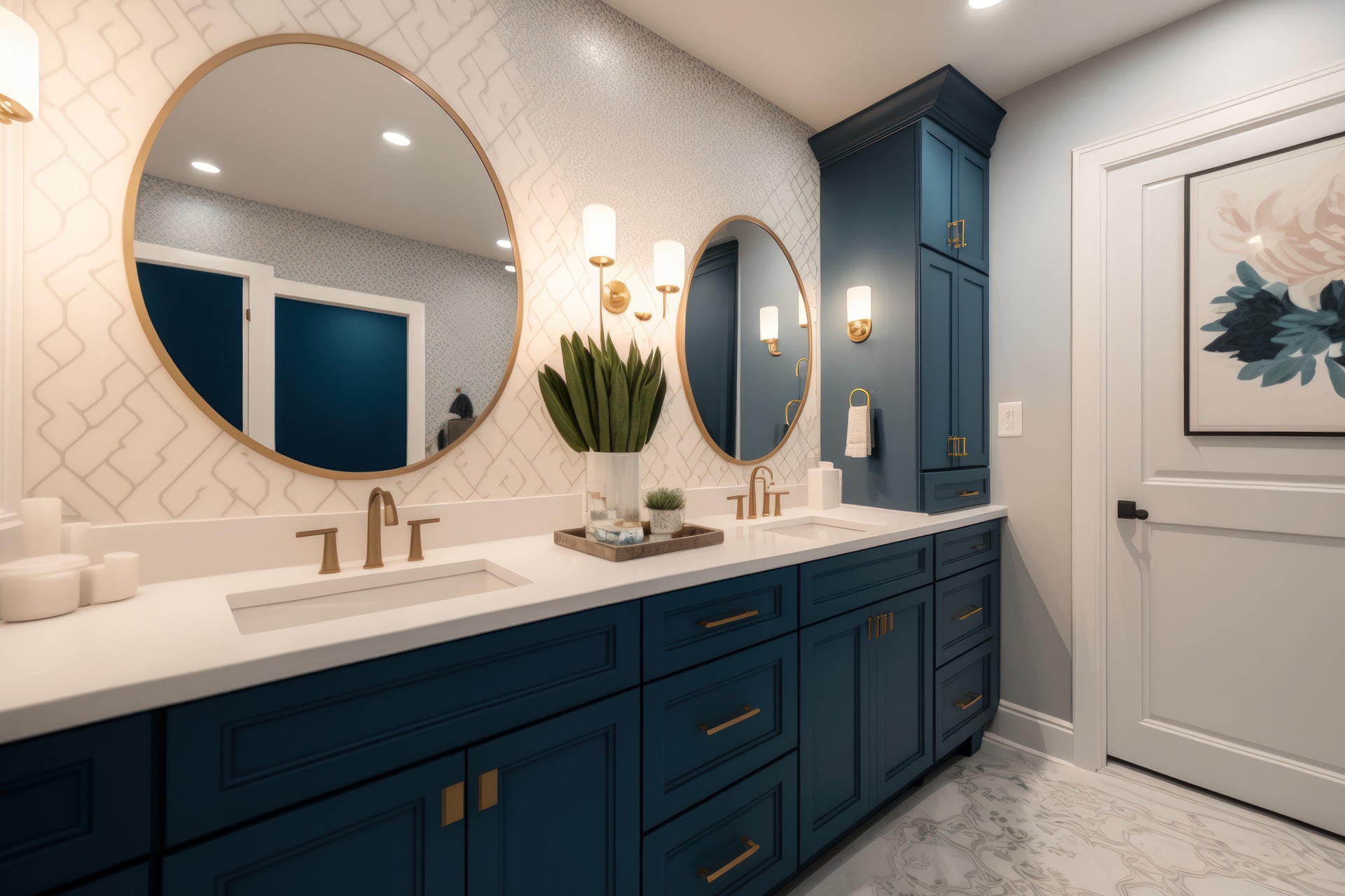 Beautiful bathroom in brand new luxury home with lots of light, a big vanity, and dark blue cabinets. features two sinks, a bathtub, and circular mirrors. Displays a Closet. Generative AI